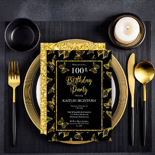 Elegant Black Gold Butterflies 100 Birthday Party Kaart