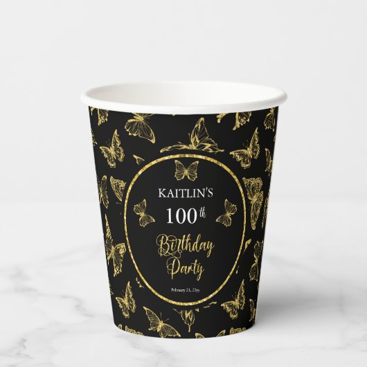 Elegant Black Gold Butterflies 100 Birthday Party Papieren Bekers (Achterkant)