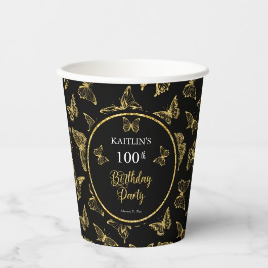 Elegant Black Gold Butterflies 100 Birthday Party Papieren Bekers (Voorkant)