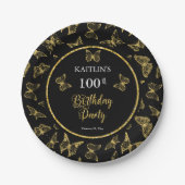 Elegant Black Gold Butterflies 100 Birthday Party Papieren Bordje (Voorkant)