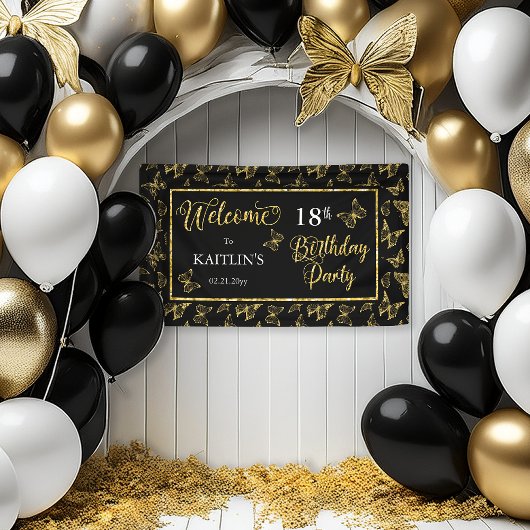 Elegant Black Gold Butterflies 18e verjaardag Spandoek