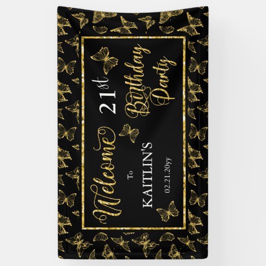 Elegant Black Gold Butterflies 21e verjaardag Spandoek (Verticaal)