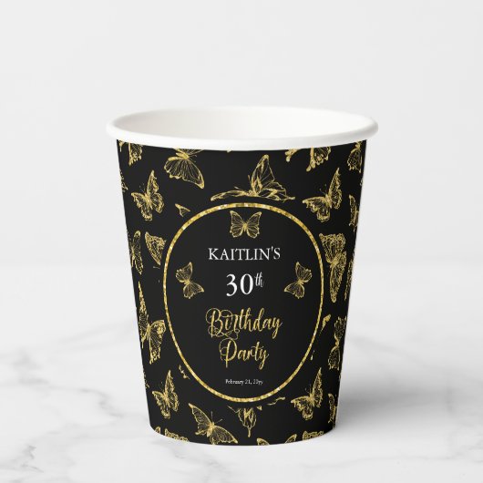 Elegant Black Gold Butterflies 30e verjaardag Papieren Bekers (Achterkant)