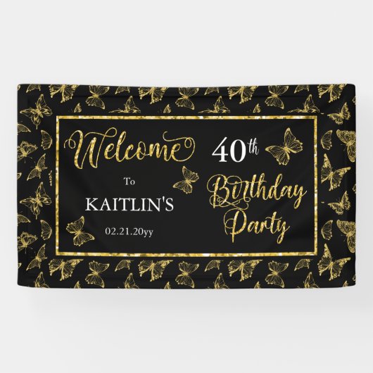 Elegant Black Gold Butterflies 40e verjaardag Spandoek (Horizontaal)