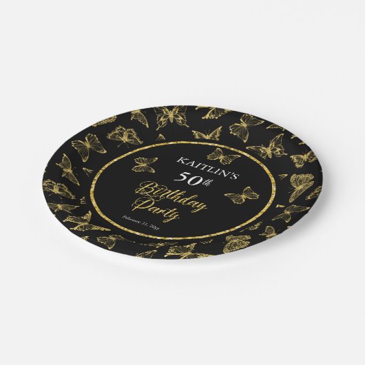 Elegant Black Gold Butterflies 50e verjaardag Papieren Bordje (Gekanteld)