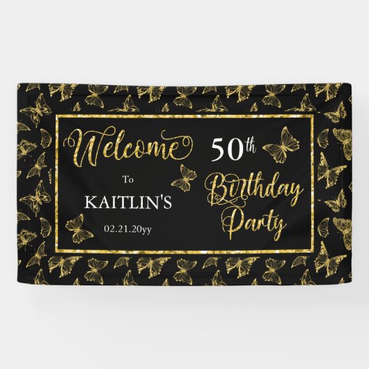 Elegant Black Gold Butterflies 50e verjaardag Spandoek (Horizontaal)