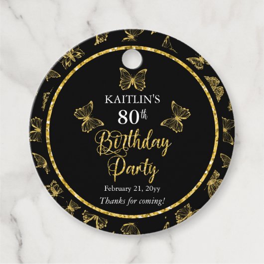 Elegant Black Gold Butterflies 80e verjaardag Bedankjes Labels (Voorkant)