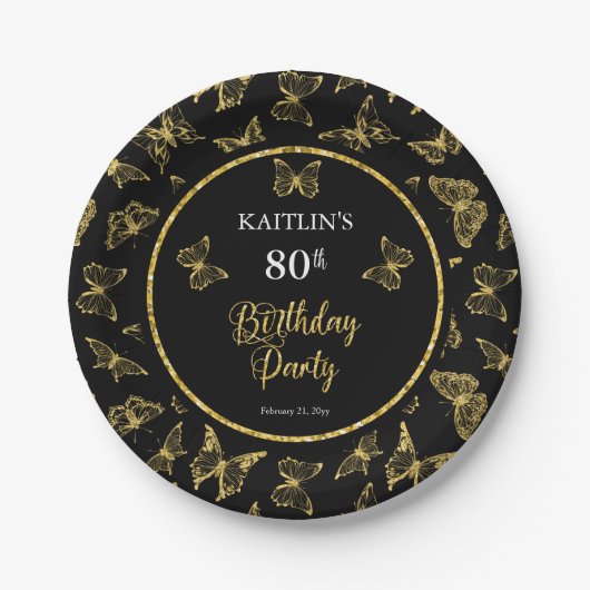Elegant Black Gold Butterflies 80e verjaardag Papieren Bordje (Voorkant)