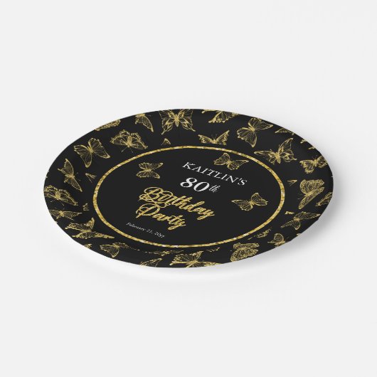 Elegant Black Gold Butterflies 80e verjaardag Papieren Bordje (Gekanteld)