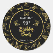 Elegant Black Gold Butterflies 90e verjaardag Ronde Sticker (Voorkant)