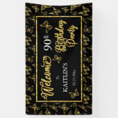 Elegant Black Gold Butterflies 90e verjaardag Spandoek (Verticaal)