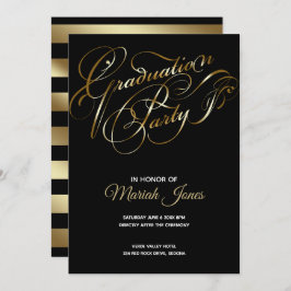 Elegant Black - Gold Calligraphy Graduparty Kaart