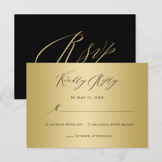 Elegant Black Gold Calligraphy Wedding RSVP Kaartje (Voorkant / Achterkant)