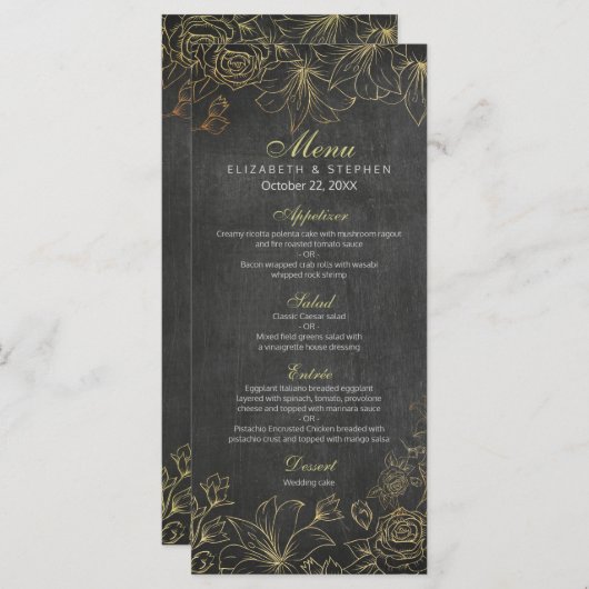 Elegant Black Gold Chalkboard Floral Wedding Menu (Voorkant / Achterkant)