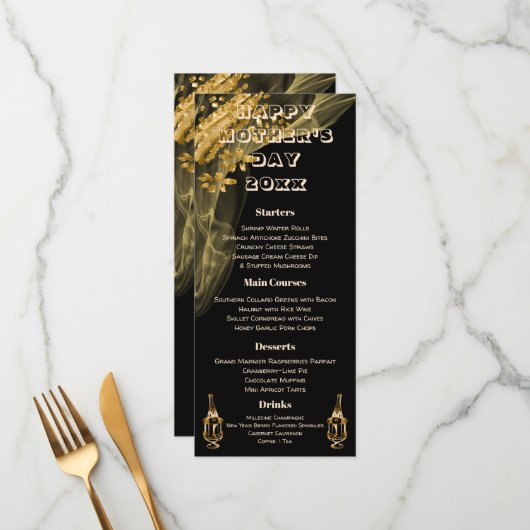 Elegant Black & Gold Champagne Moederdag Menu (Voorkant / Achterkant in situ)