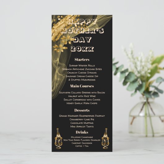 Elegant Black & Gold Champagne Moederdag Menu (Staand voorkant)
