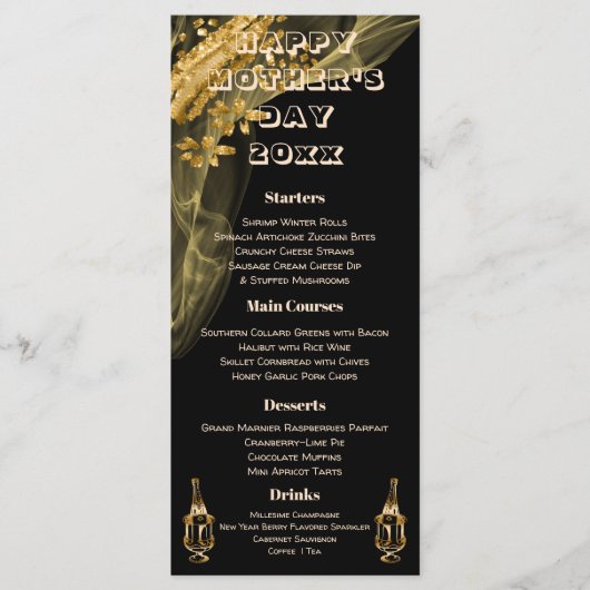 Elegant Black & Gold Champagne Moederdag Menu (Voorkant)