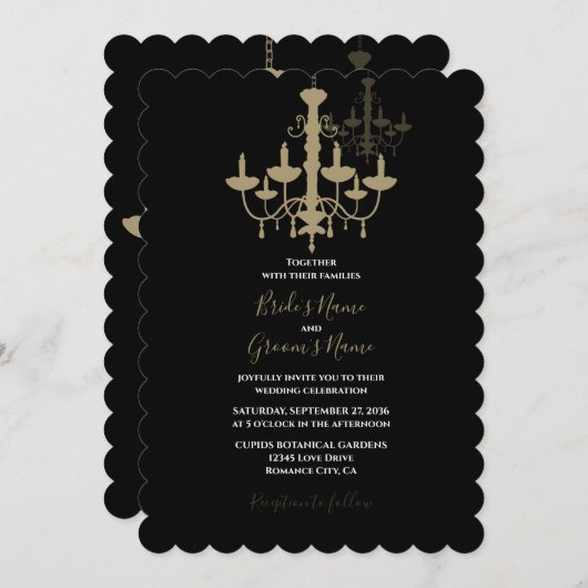 Elegant Black Gold Chandelier Wedding Invitations Kaart (Voorkant / Achterkant)