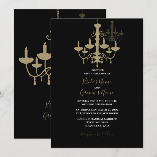 Elegant Black Gold Chandelier Wedding Invitations Kaart (Voorkant / Achterkant)