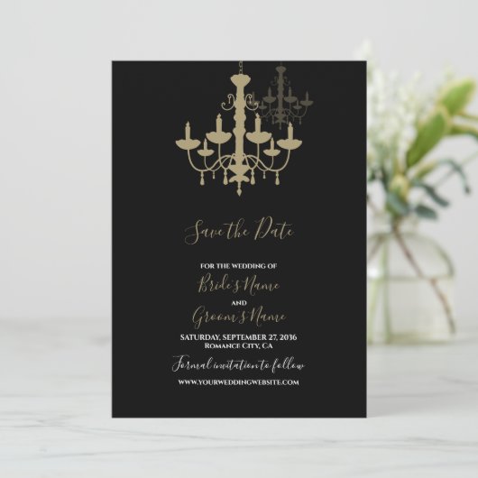 Elegant Black Gold Chandelier Wedding Save The Date (Staand voorkant)