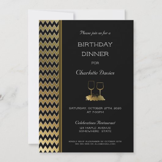 Elegant Black Gold Chevron Striped Birthday Dinner Kaart (Voorkant)