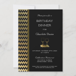 Elegant Black Gold Chevron Striped Birthday Dinner Kaart