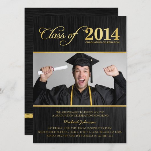 Elegant Black & Gold Class of 2014 Afstuderen Kaart (Voorkant / Achterkant)