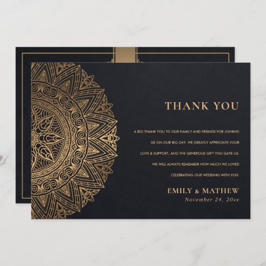 ELEGANT BLACK GOLD CLASSIC MANDALA WEDING BEDANKKAART (Voorkant / Achterkant)