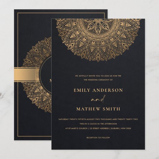 ELEGANT BLACK GOLD CLASSIC MANDALA WEDING KAART (Voorkant / Achterkant)