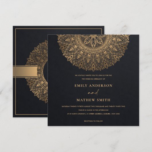 ELEGANT BLACK GOLD CLASSIC  MANDALA WEDING KAART (Voorkant / Achterkant)