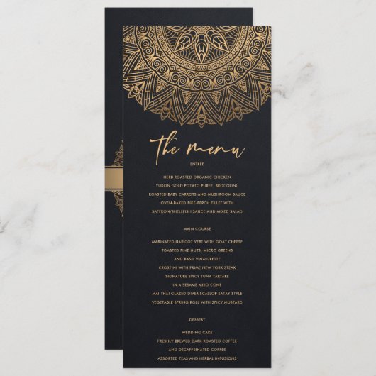 ELEGANT BLACK GOLD CLASSIC MANDALA WEDING MENU (Voorkant / Achterkant)