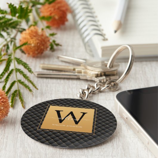 Elegant Black Gold Classy Monogram Initiaal Script Sleutelhanger (Zijkant)