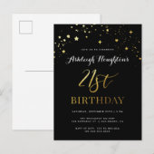 Elegant Black & Gold Confetti 21e verjaardag Uitnodiging Briefkaart (Voorkant / Achterkant)