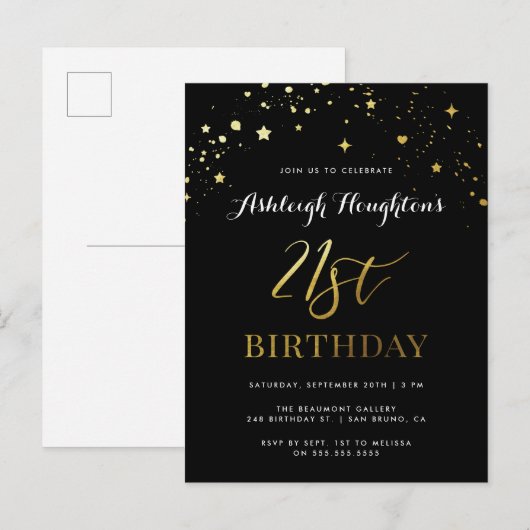 Elegant Black & Gold Confetti 21e verjaardag Uitnodiging Briefkaart (Voorkant / Achterkant)