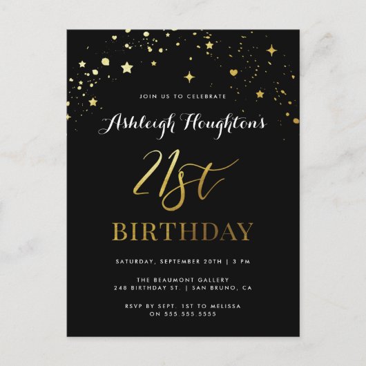 Elegant Black & Gold Confetti 21e verjaardag Uitnodiging Briefkaart (Voorkant)