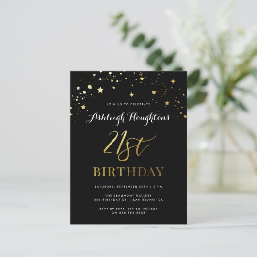 Elegant Black & Gold Confetti 21e verjaardag Uitnodiging Briefkaart (Staand voorkant)