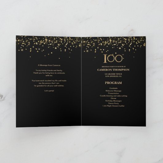Elegant Black Gold confetti Custom 100th birthday Programma (Binnen)