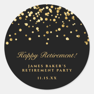 Elegant Black & Gold Confetti Happy Retirement Ronde Sticker