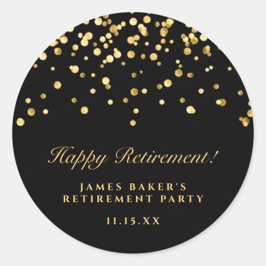 Elegant Black & Gold Confetti Happy Retirement Ronde Sticker (Voorkant)