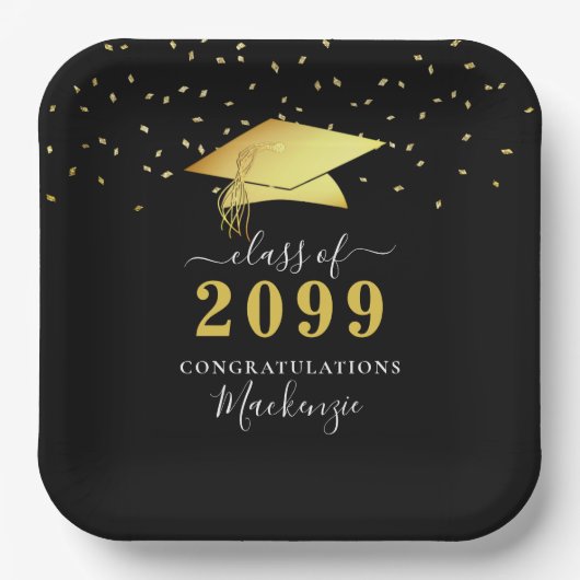 Elegant Black Gold Confetti Script Afstuderen Papieren Bordje (Voorkant)