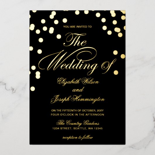 Elegant Black Gold Confetti Wedding Folie Uitnodiging (Voorkant)