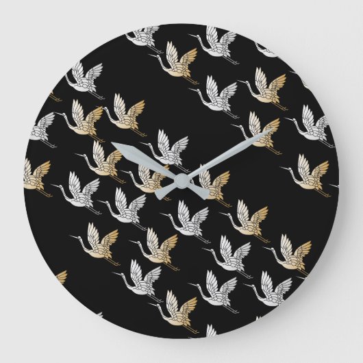 Elegant Black Gold Crane Moderne Japanse kunst Grote Klok (Voorkant)