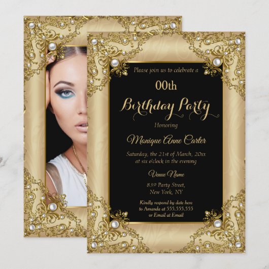 Elegant Black Gold Cream Foto van Birthday Party Kaart (Voorkant / Achterkant)