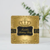 Elegant Black Gold Crown Floral Birthday Party 2 Kaart (Staand voorkant)