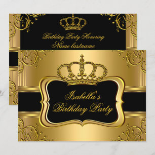 Elegant Black Gold Crown Floral Birthday Party 3 Kaart