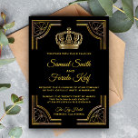 Elegant Black Gold  Crown Wedding Invitation Kaart<br><div class="desc">Verrijk je gasten met deze koninklijke uitnodiging voor een bruiloft met een elegante gouden grens en mooie kroon tegen een zwarte achtergrond. Voeg eenvoudig uw gebeurtenisdetails op deze makkelijk te gebruiken sjabloon toe om het één-van-een-soort uitnodiging te maken. Draai de kaart om een prachtig gouden driehoekspatroon op de achterkant van...</div>