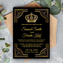 Elegant Black Gold  Crown Wedding Invitation Kaart