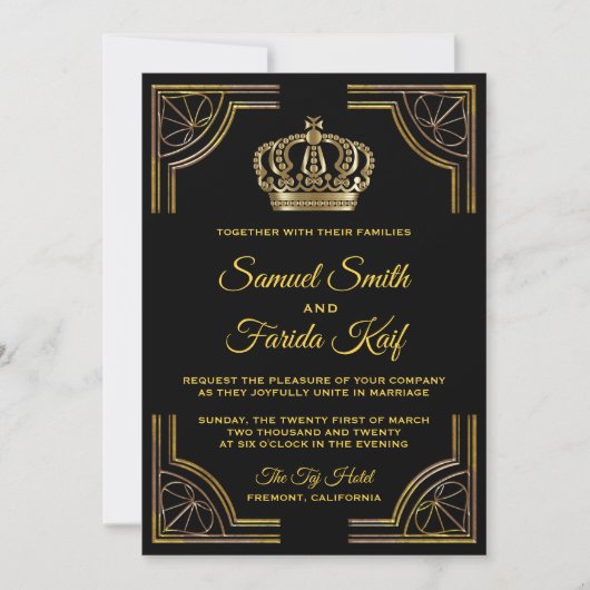 Elegant Black Gold  Crown Wedding Invitation Kaart (Voorkant)