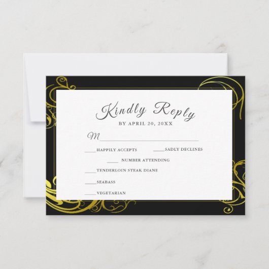 Elegant Black Gold Curls Wedding Dinner Choice RSVP Kaartje (Voorkant)