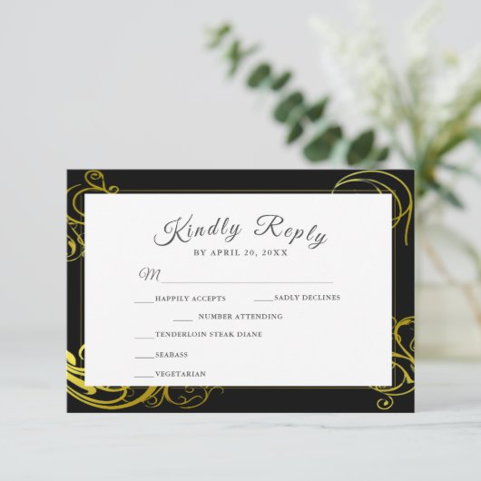 Elegant Black Gold Curls Wedding Dinner Choice RSVP Kaartje (Staand voorkant)
